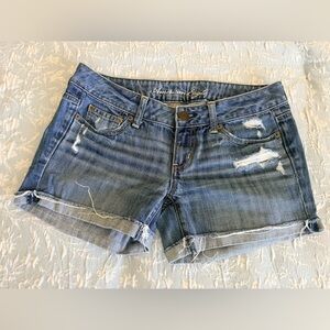 American Eagle Outfitters Medium Blue Distressed Rolled-Hem Denim Shorts